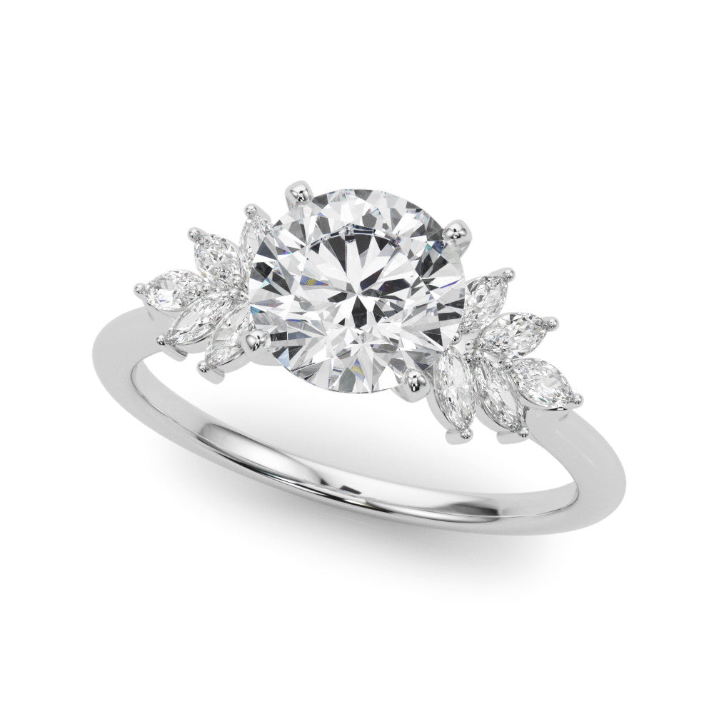Platinum Round Diamond Floral Side Stone Solitaire with Marquise Accents and Four-Prong Setting