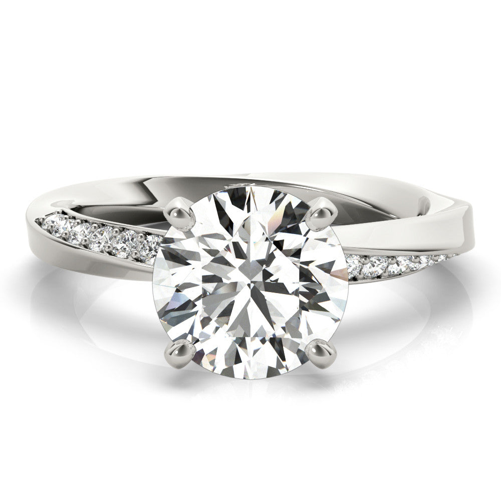Platinum Round Solitaire Diamond Engagement Ring with Side Stone Accents and Four-Prong Setting