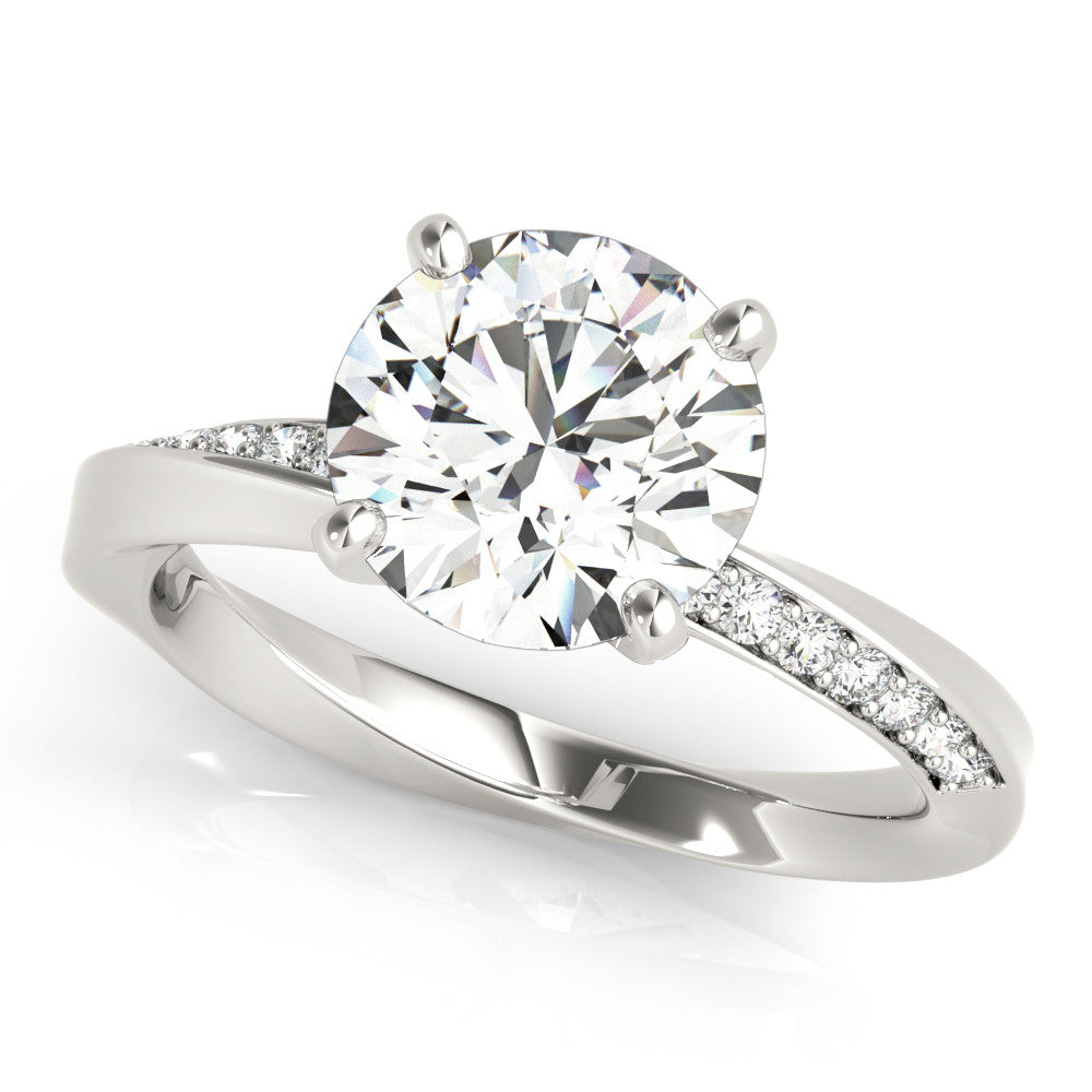Silver Round Solitaire Diamond Engagement Ring with Side Stone Accents and Four-Prong Setting