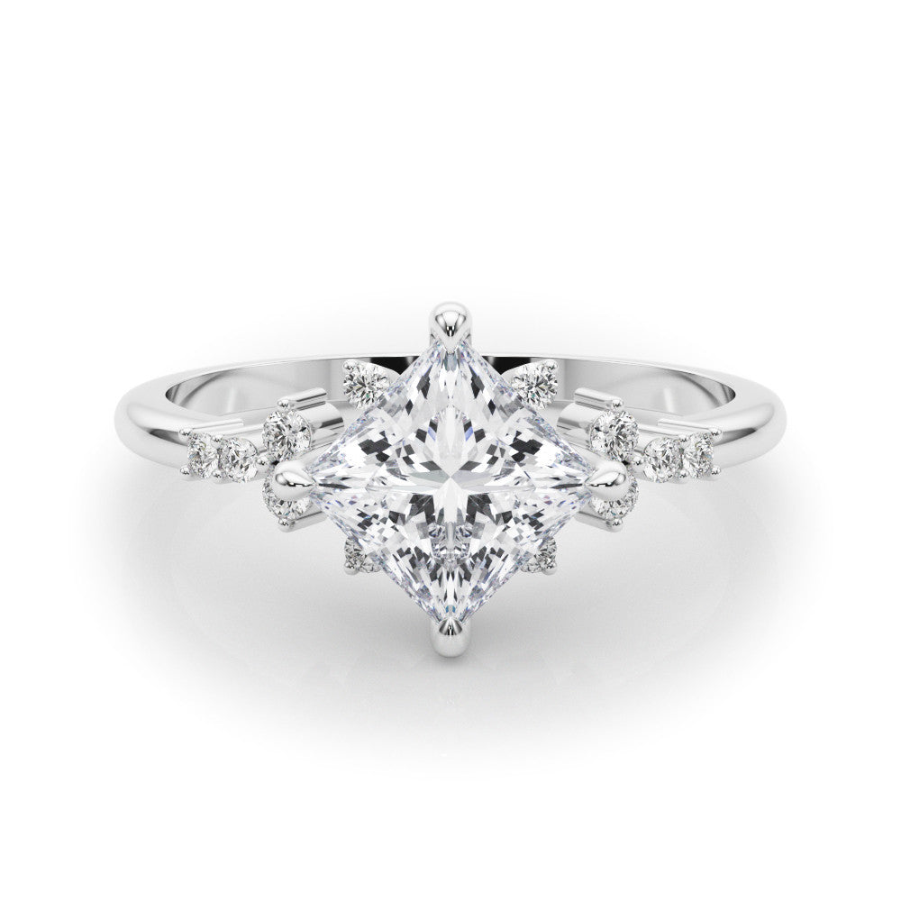 Silver Princess Cut Diamond Ring with Side Stones on a Silver Band and Four-Prong Setting