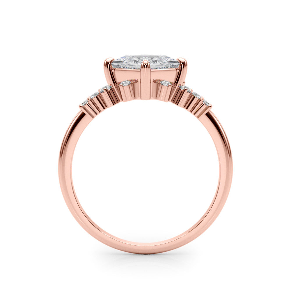 Rose gold Princess Cut Diamond Ring with Side Stones on a White Gold Band and Four-Prong Setting
