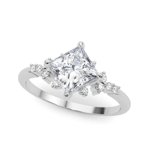 Platinum Princess Cut Diamond Ring with Side Stones on a White Gold Band and Four-Prong Setting