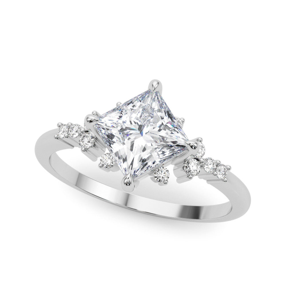 Silver Princess Cut Diamond Ring with Side Stones on a Silver Band and Four-Prong Setting