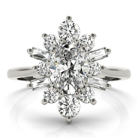 Platinum Oval Diamond Cluster Ring with Round and Baguette Stones, Split Shank Band, Prong Setting
