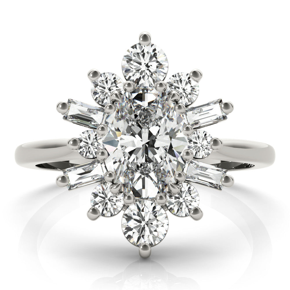 Silver Oval Diamond Cluster Ring with Round and Baguette Stones, Split Shank Band, Prong Setting