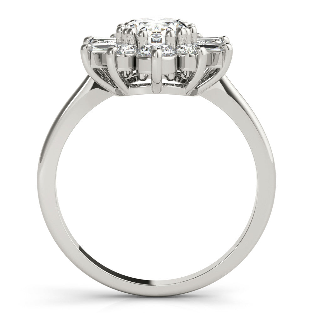 Silver Oval Diamond Cluster Ring with Round and Baguette Stones, Split Shank Band, Prong Setting