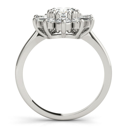 Platinum Oval Diamond Cluster Ring with Round and Baguette Stones, Split Shank Band, Prong Setting