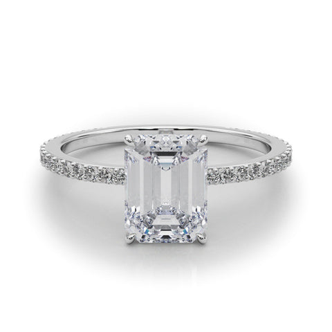 Silver Oval Cut Diamond Ring with Pavé Band and Four-Prong Setting