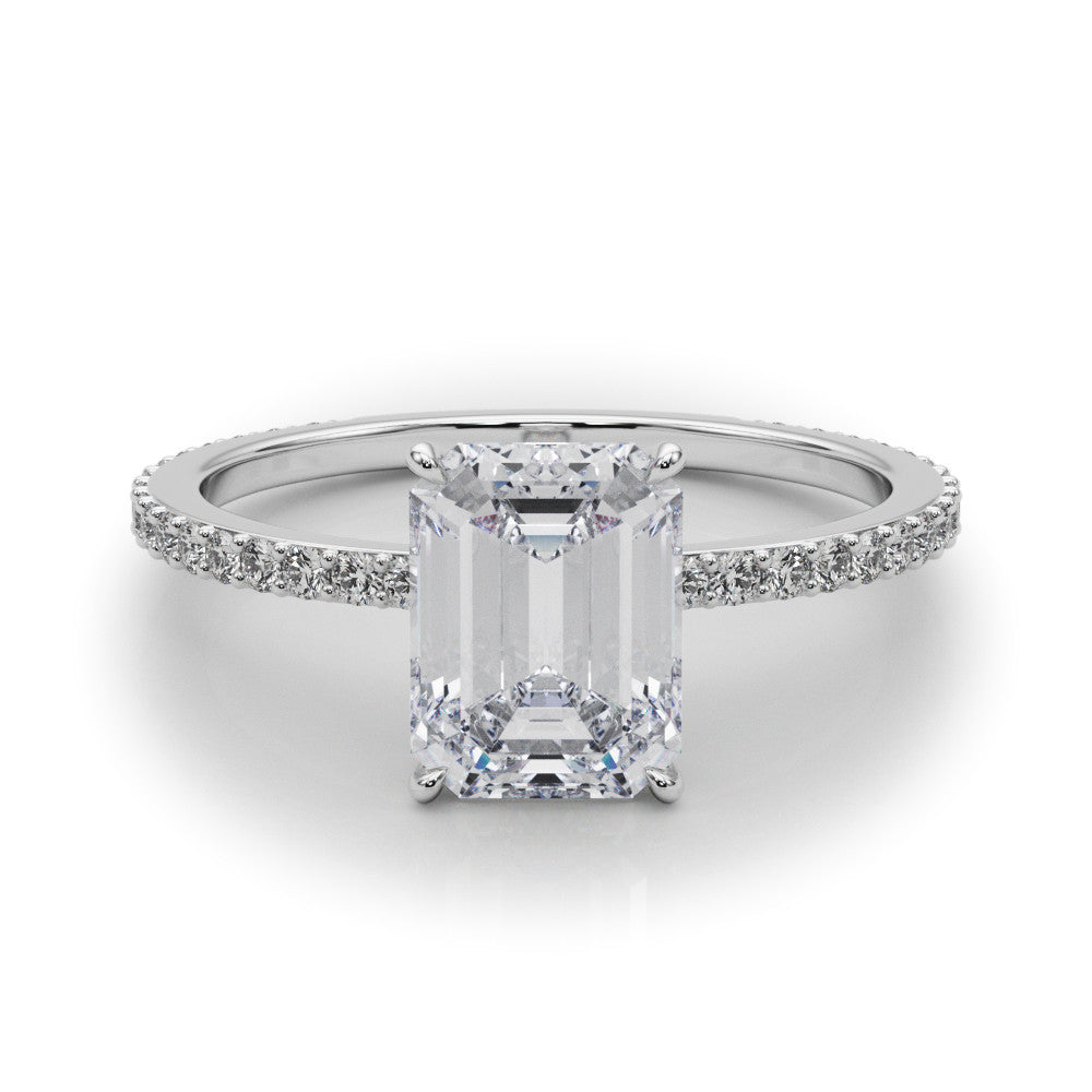 Silver Marquise Cut Diamond Ring with Pavé Band and Four-Prong Setting