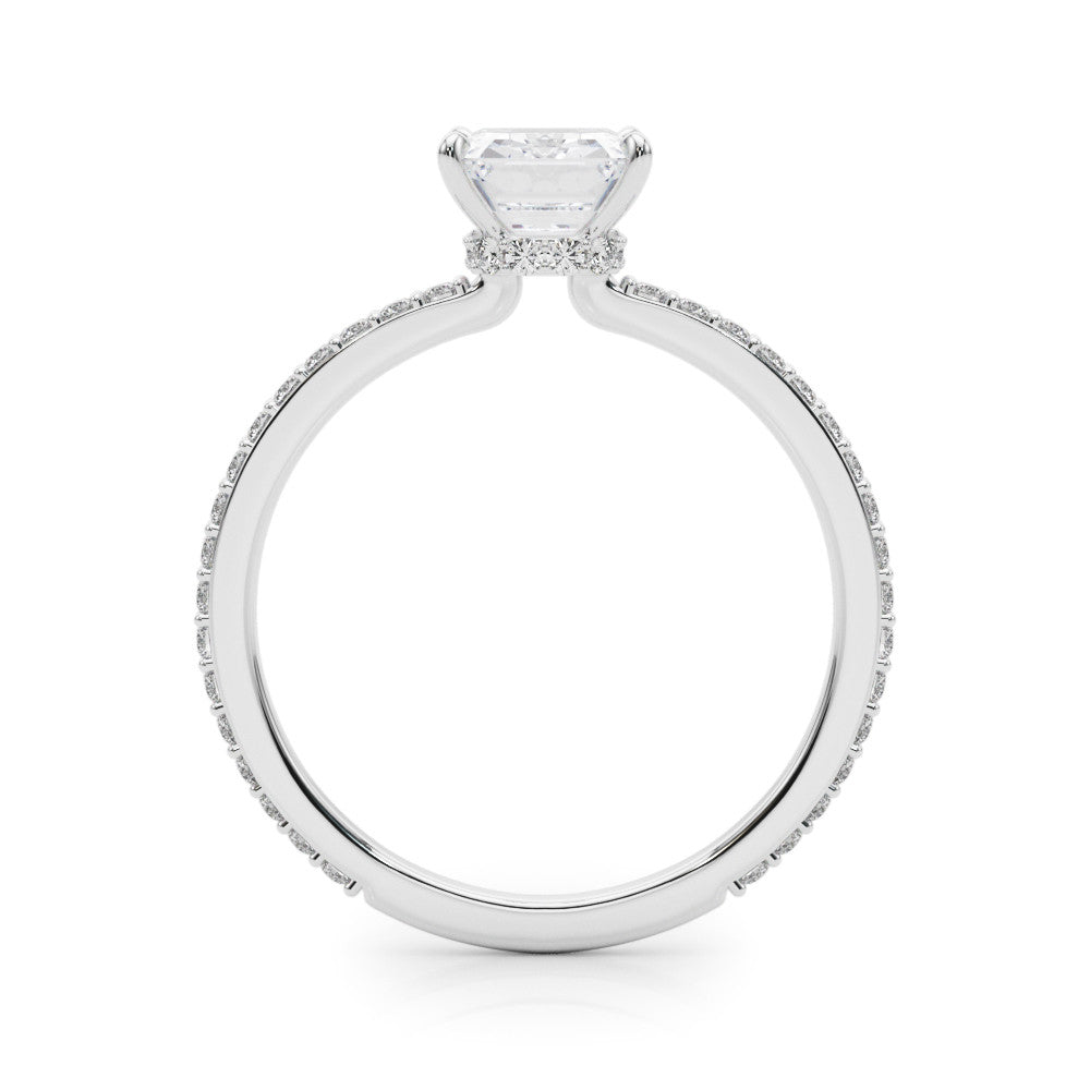 Platinum Oval Cut Diamond Ring with Pavé Band and Four-Prong Setting