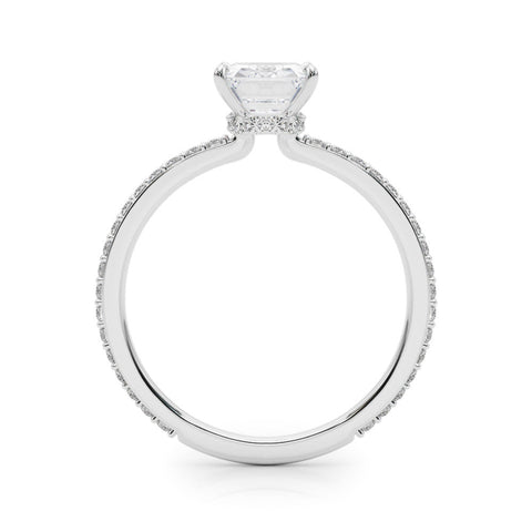 Platinum Oval Cut Diamond Ring with Pavé Band and Four-Prong Setting