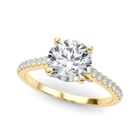 Yellow gold Princess Brilliant Diamond Solitaire with Pavé Band and Four-Prong Setting