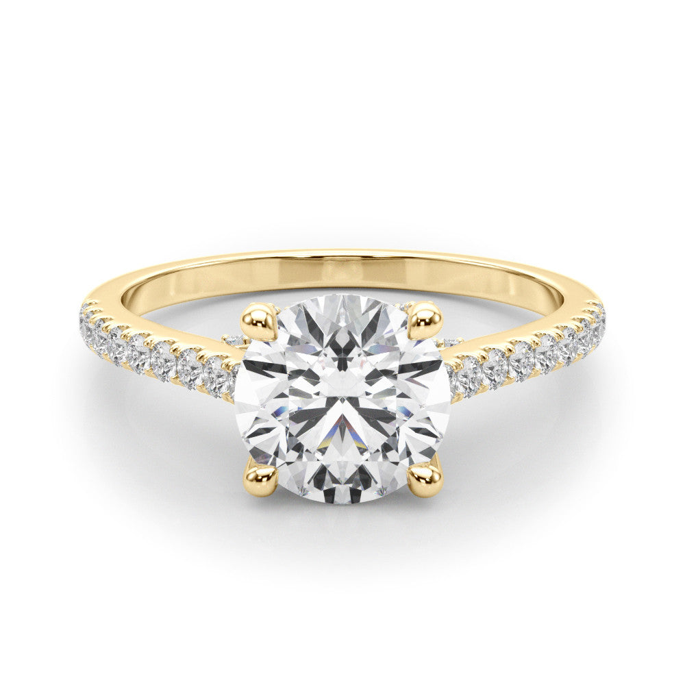 Yellow gold Princess Brilliant Diamond Solitaire with Pavé Band and Four-Prong Setting
