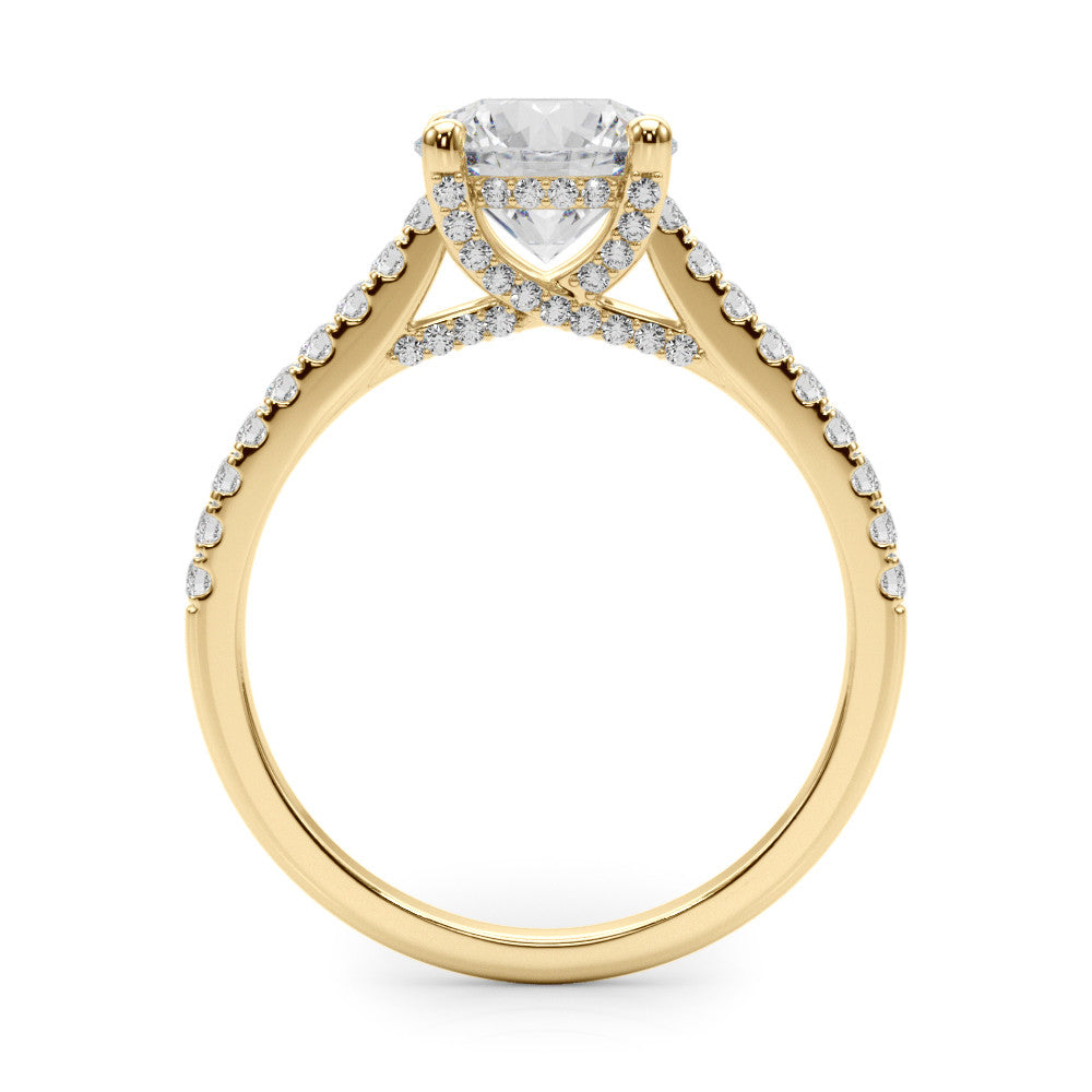 Yellow gold Princess Brilliant Diamond Solitaire with Pavé Band and Four-Prong Setting