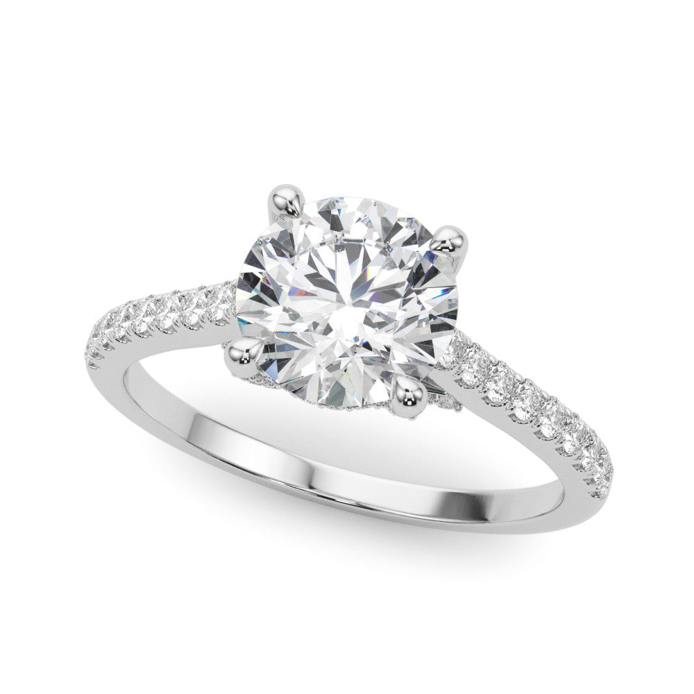 White gold Marquise Brilliant Diamond Solitaire with Pavé Band and Four-Prong Setting