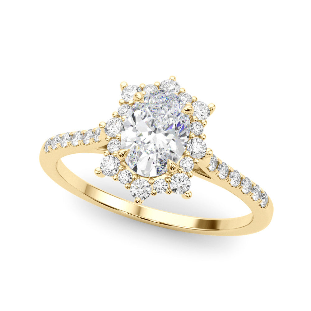 Yellow gold Oval Halo Diamond Ring with Pavé Band and Prong Setting