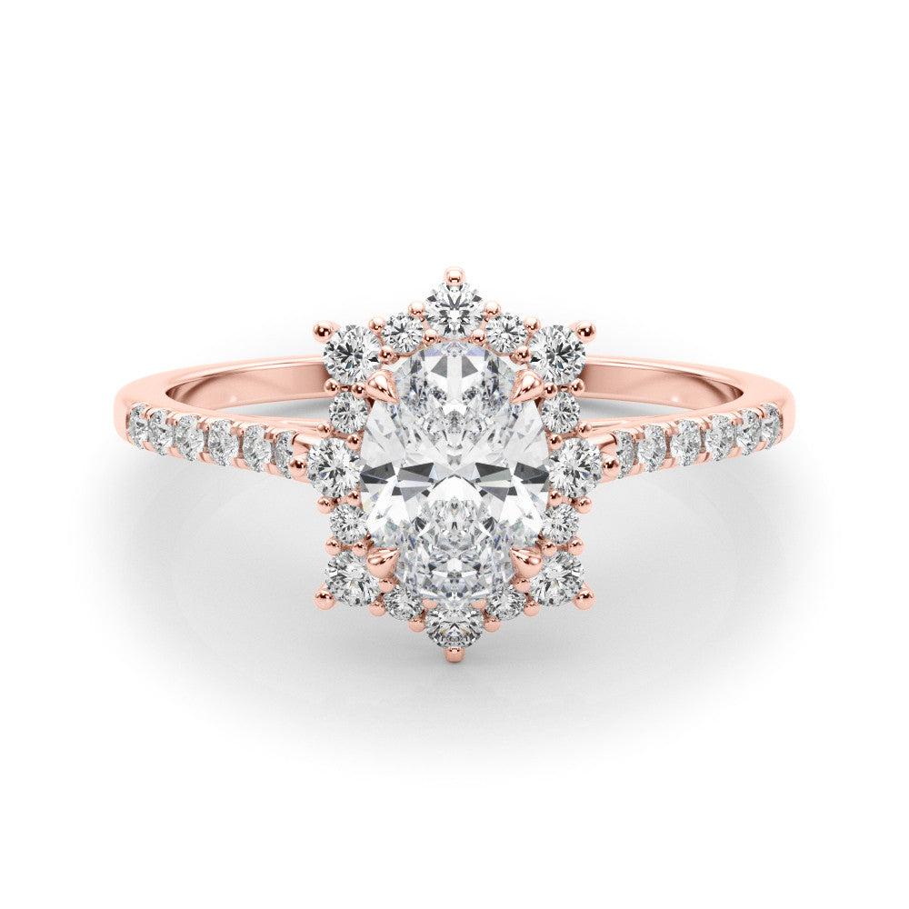 Rose gold Oval Halo Diamond Ring with Pavé Band and Prong Setting