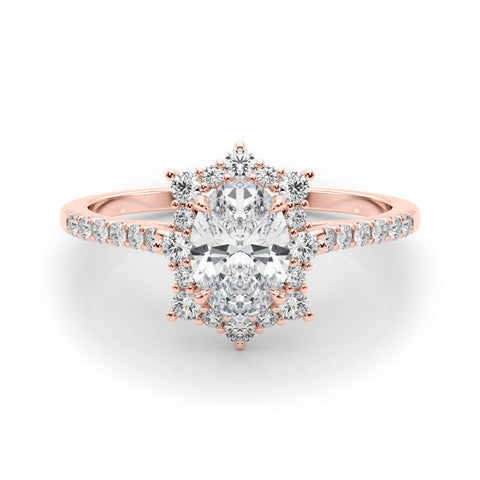 Rose gold Oval Halo Diamond Ring with Pavé Band and Prong Setting
