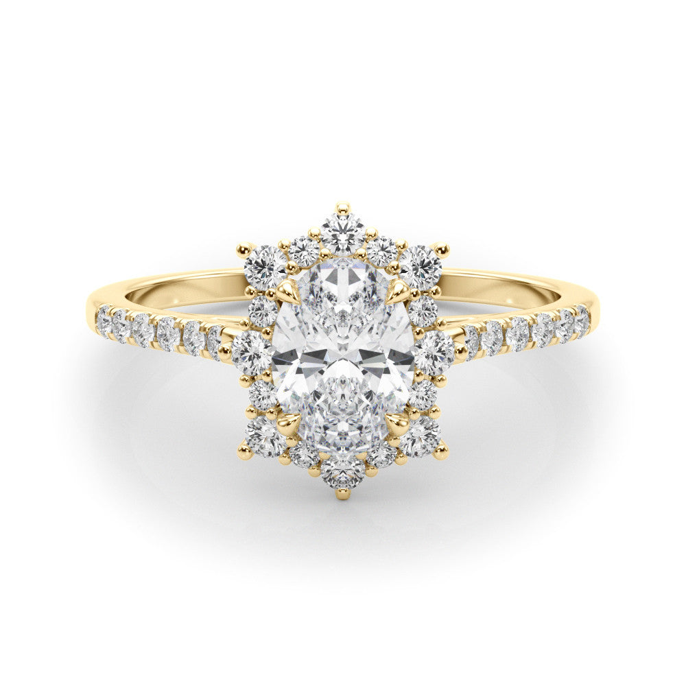 Yellow gold Oval Halo Diamond Ring with Pavé Band and Prong Setting