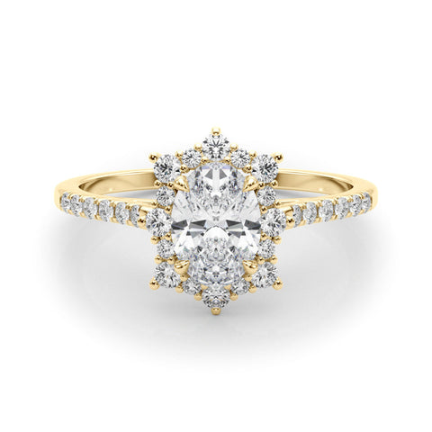 Yellow gold Oval Halo Diamond Ring with Pavé Band and Prong Setting