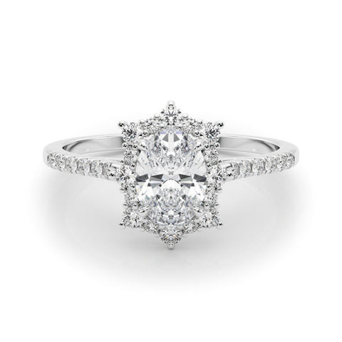 White gold Oval Halo Diamond Ring with Pavé Band and Prong Setting