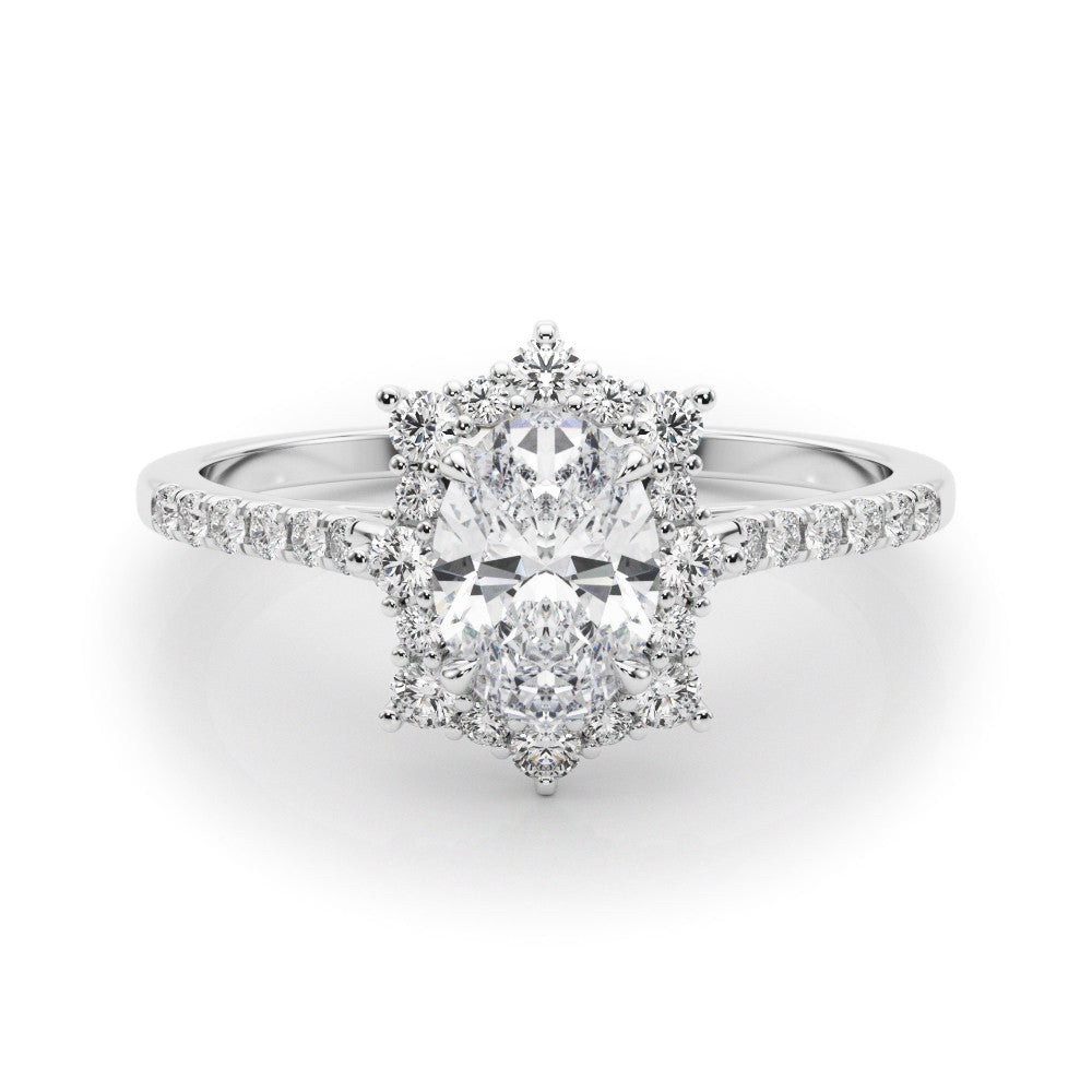 White gold Oval Halo Diamond Ring with Pavé Band and Prong Setting