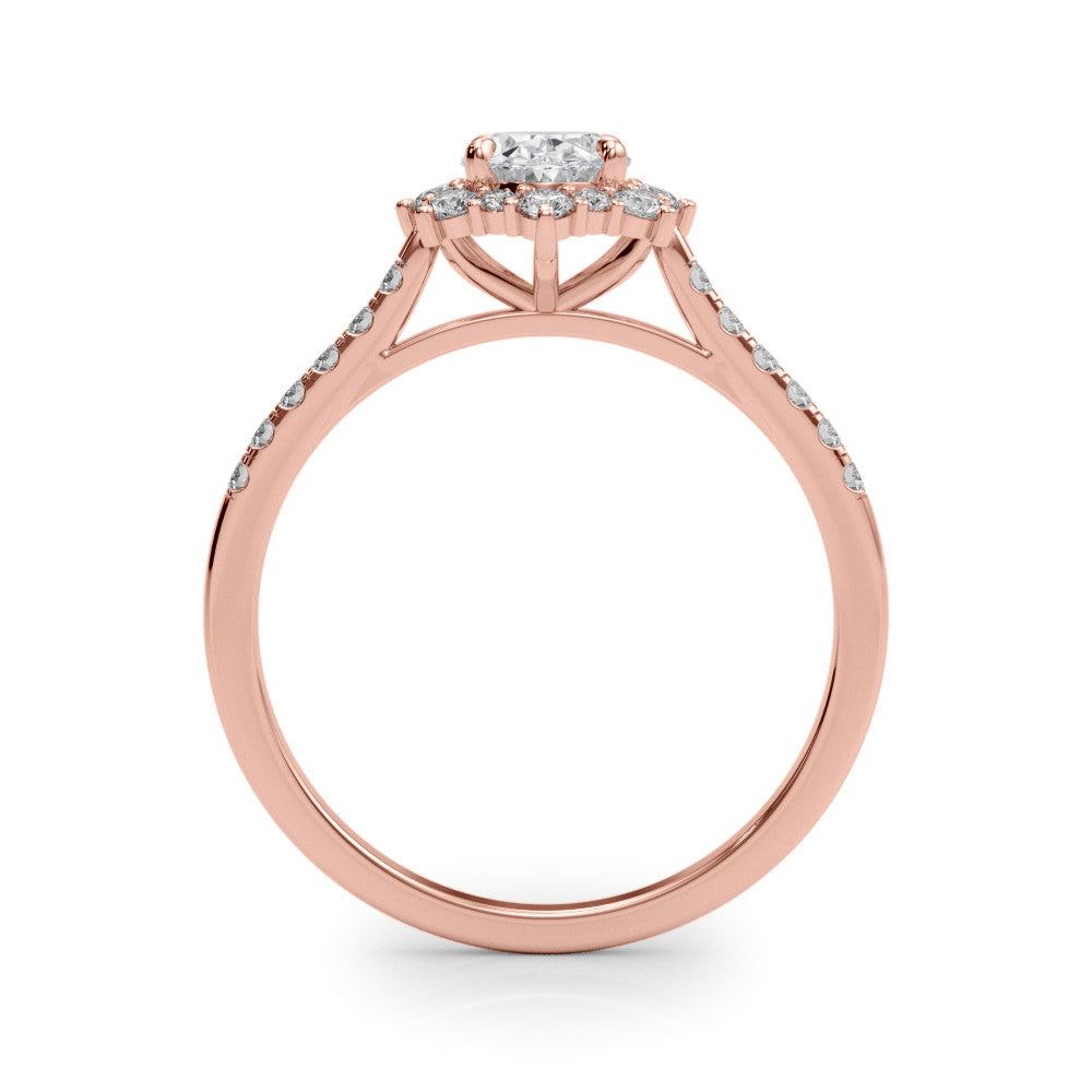 Rose gold Oval Halo Diamond Ring with Pavé Band and Prong Setting