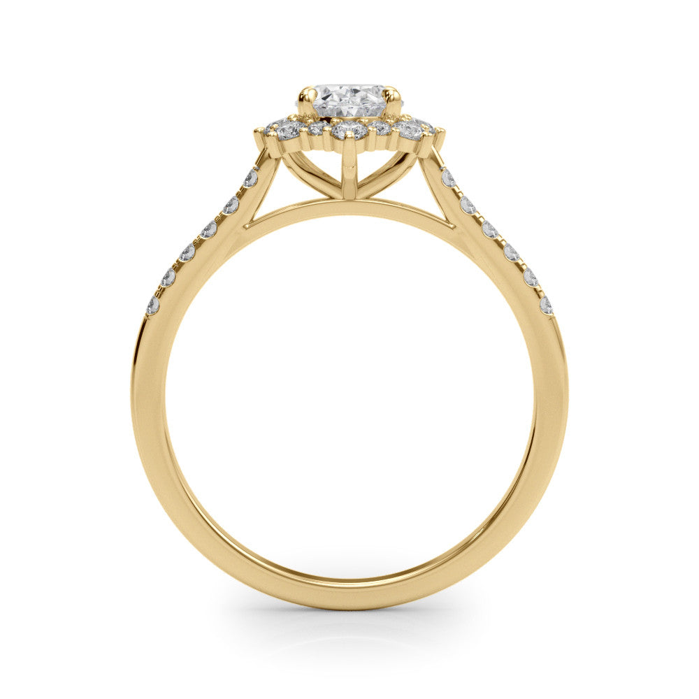 Yellow gold Oval Halo Diamond Ring with Pavé Band and Prong Setting
