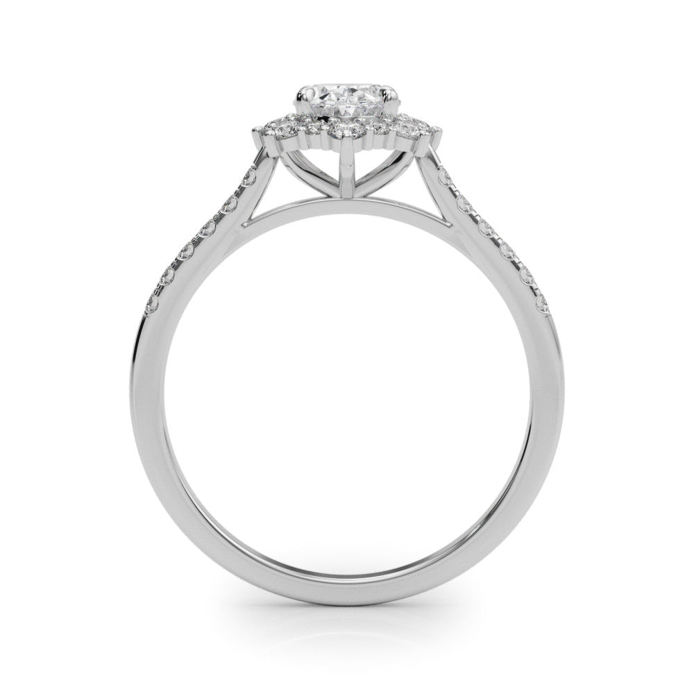 White gold Oval Halo Diamond Ring with Pavé Band and Prong Setting