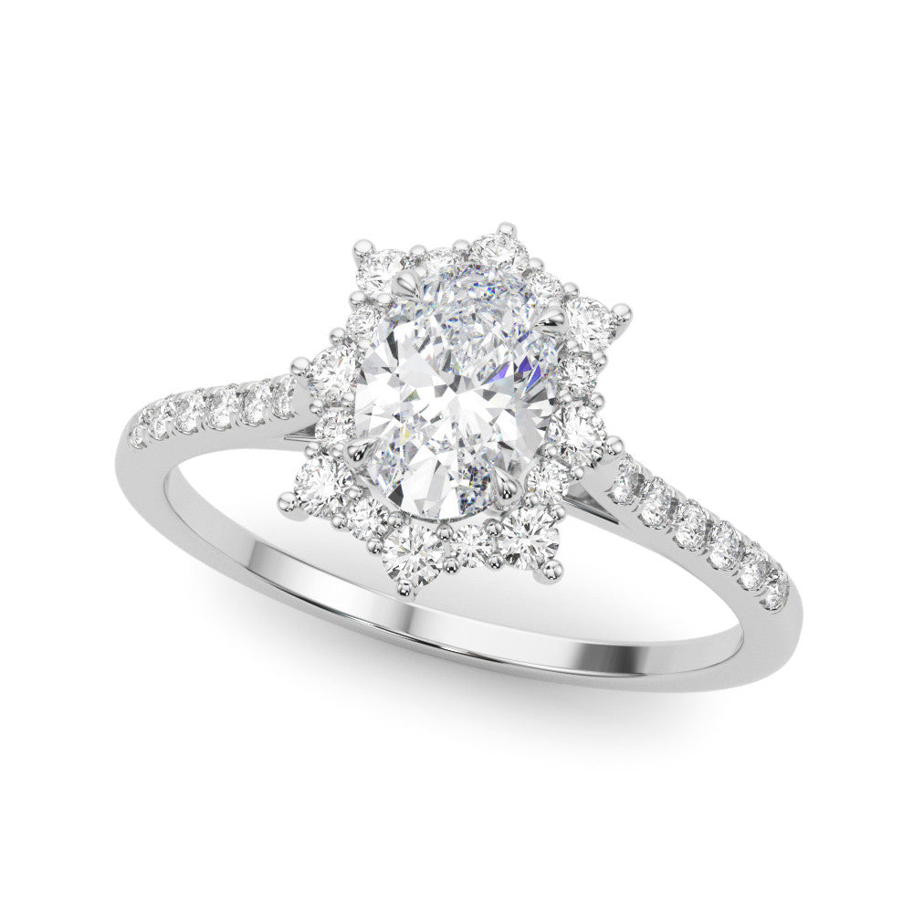 White gold Oval Halo Diamond Ring with Pavé Band and Prong Setting