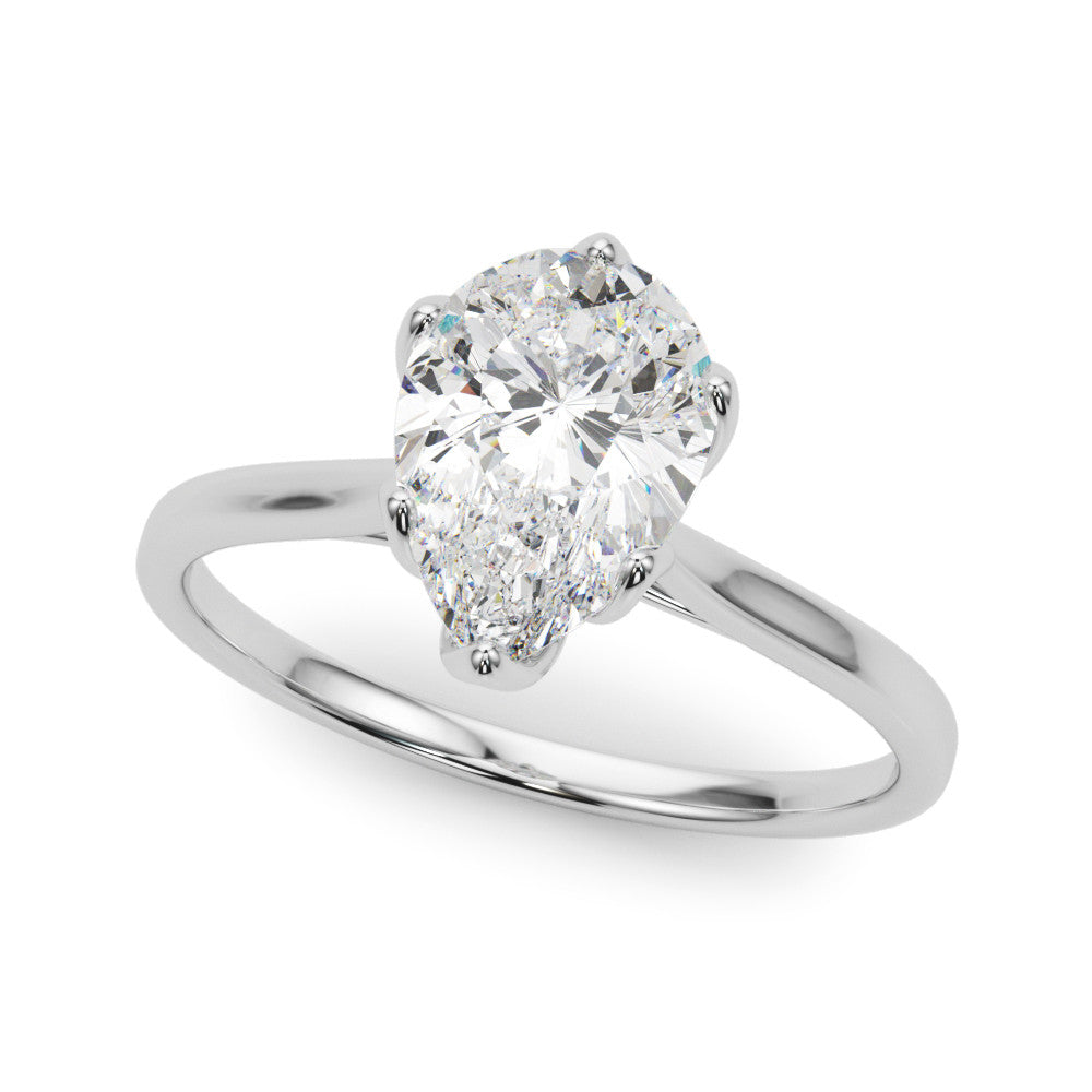 Silver Pear-Shaped Solitaire Diamond Ring with Knife-Edge Band and Six-Prong Setting