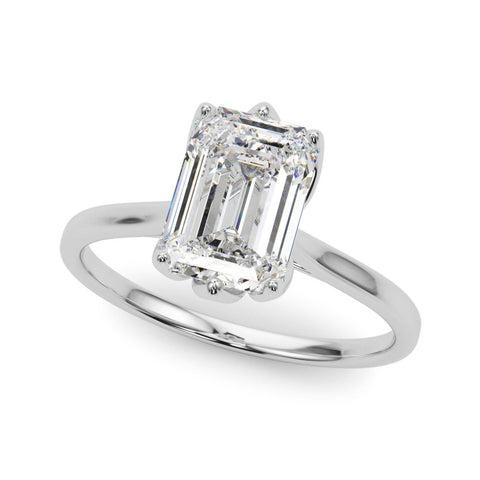 Platinum Emerald Cut Solitaire Diamond Ring with Four-Prong Setting and Classic Band