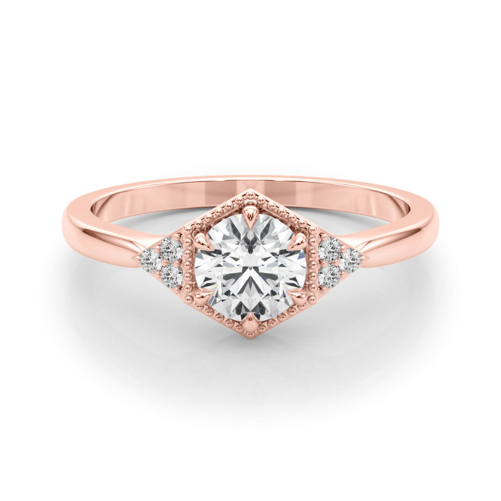 Rose gold Hexagonal Halo Round Diamond Solitaire with Pavé Band and Four-Prong Setting