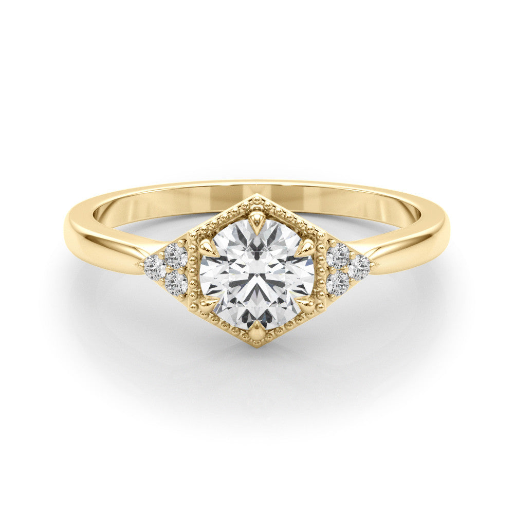 Yellow gold Hexagonal Halo Round Diamond Solitaire with Pavé Band and Four-Prong Setting