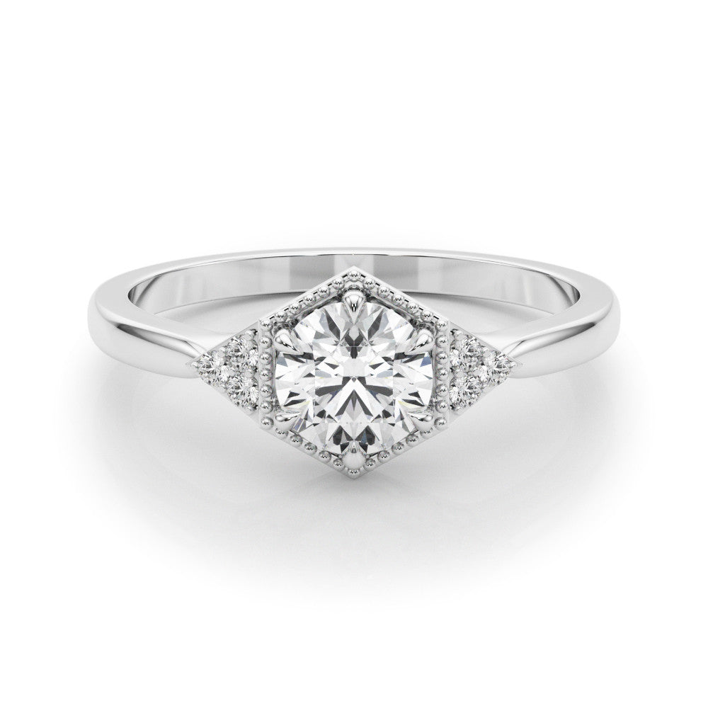 Silver Hexagonal Halo Round Diamond Solitaire with Pavé Band and Four-Prong Setting