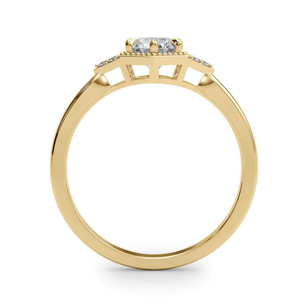 Yellow gold Hexagonal Halo Round Diamond Solitaire with Pavé Band and Four-Prong Setting