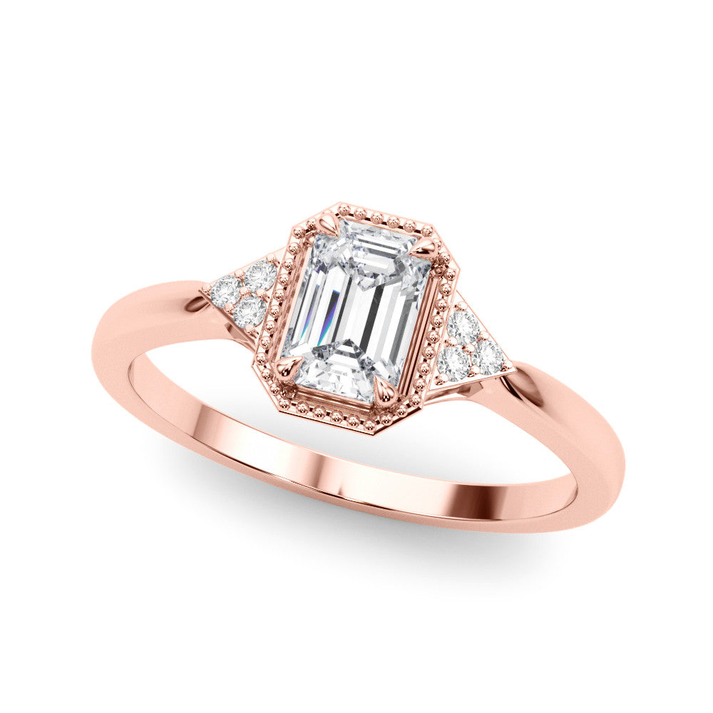 Rose gold Milgrain Emerald Cut Diamond Ring with Tapered Pave Band and Four Prong Setting