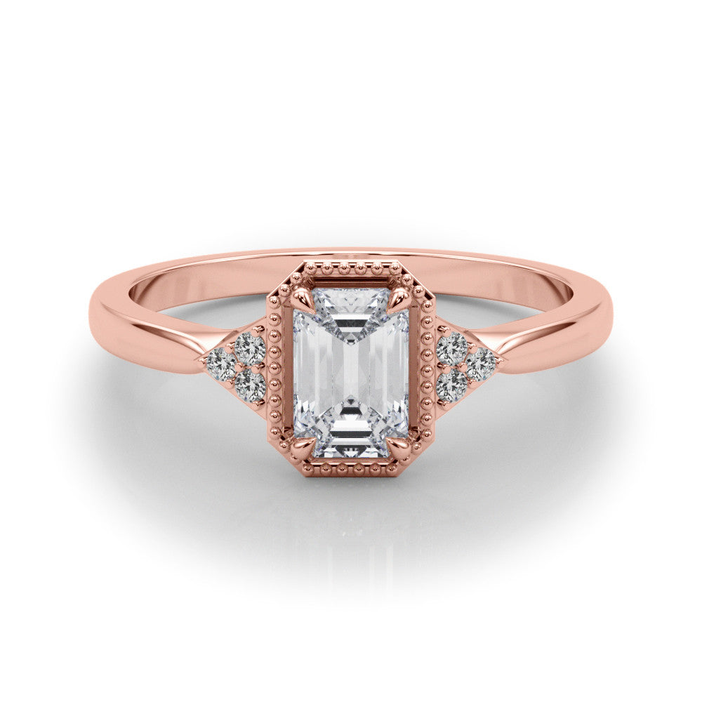 Rose gold Milgrain Radiant Cut Diamond Ring with Tapered Pave Band and Four Prong Setting