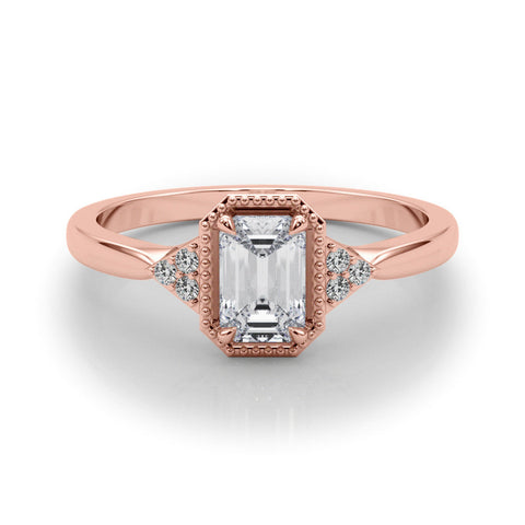 Rose gold Milgrain Emerald Cut Diamond Ring with Tapered Pave Band and Four Prong Setting