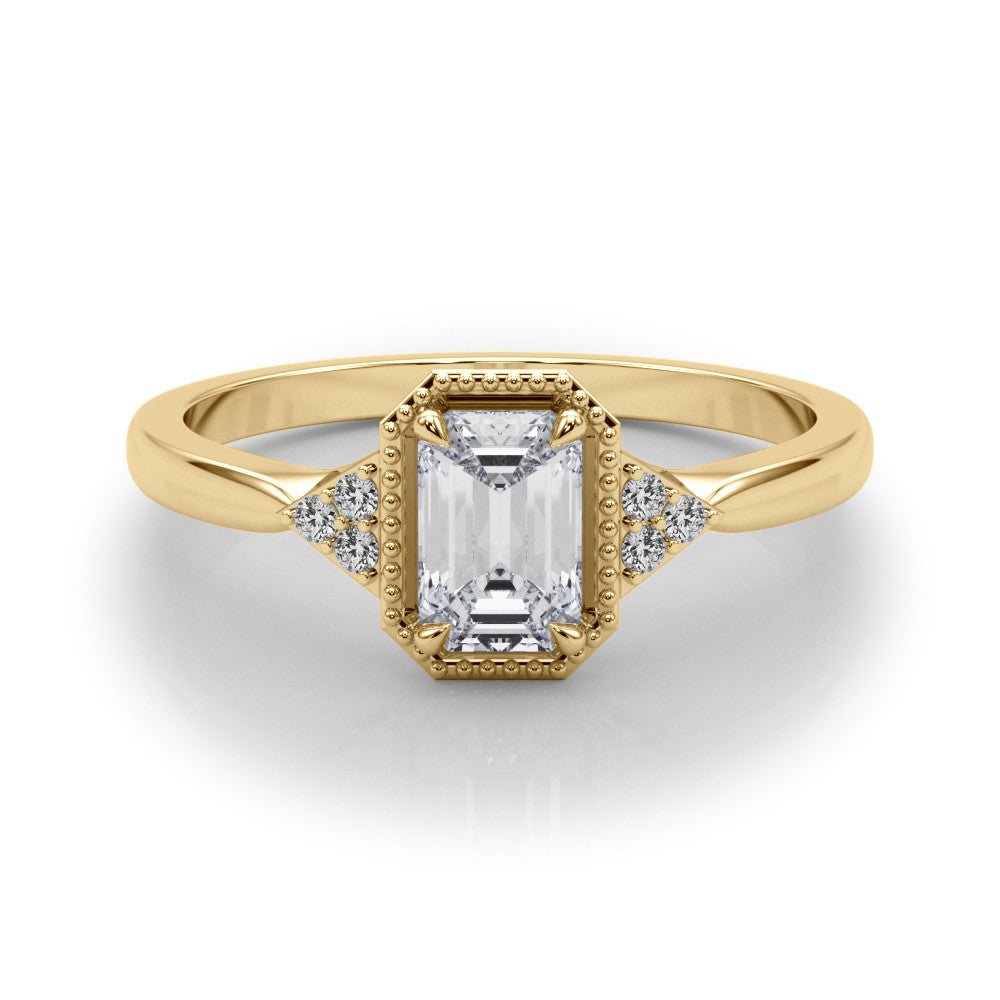 Yellow gold Milgrain Radiant Cut Diamond Ring with Tapered Pave Band and Four Prong Setting