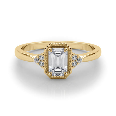 Yellow gold Milgrain Emerald Cut Diamond Ring with Tapered Pave Band and Four Prong Setting