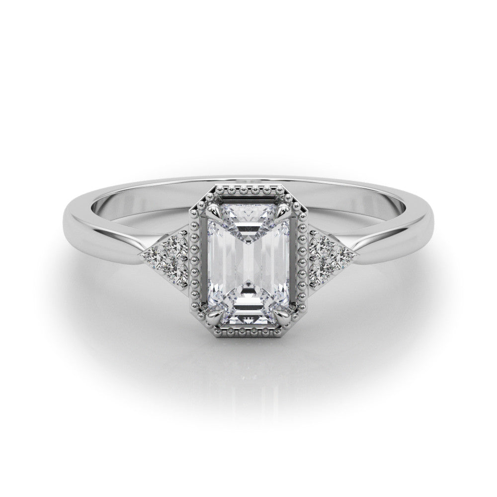 Silver Milgrain Emerald Cut Diamond Ring with Tapered Pave Band and Four Prong Setting