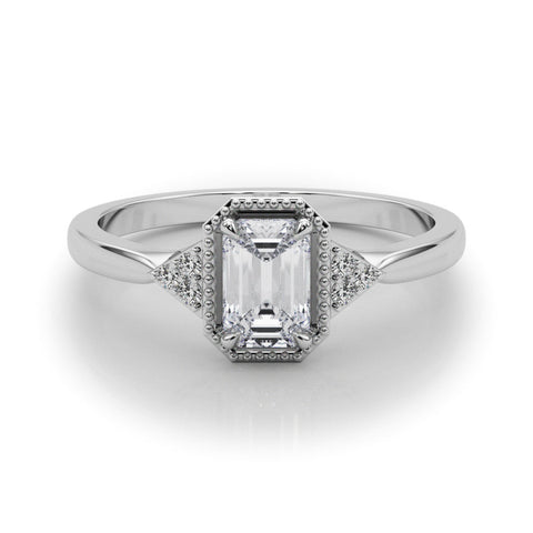 Platinum Milgrain Emerald Cut Diamond Ring with Tapered Pave Band and Four Prong Setting