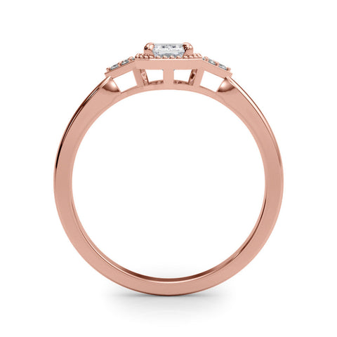 Rose gold Milgrain Emerald Cut Diamond Ring with Tapered Pave Band and Four Prong Setting