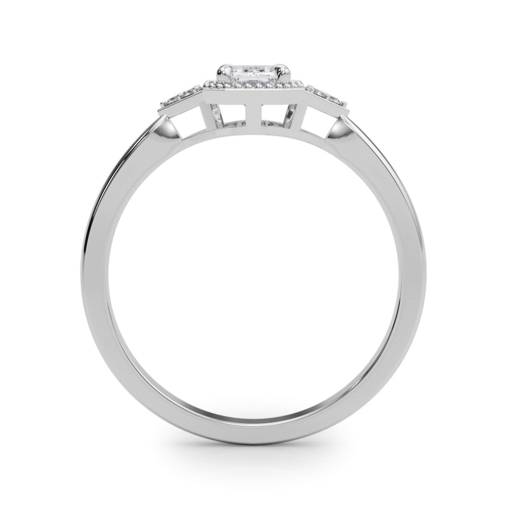 Silver Milgrain Emerald Cut Diamond Ring with Tapered Pave Band and Four Prong Setting