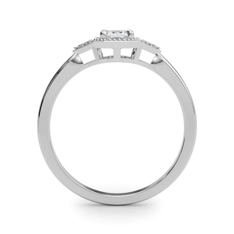 Platinum Milgrain Emerald Cut Diamond Ring with Tapered Pave Band and Four Prong Setting
