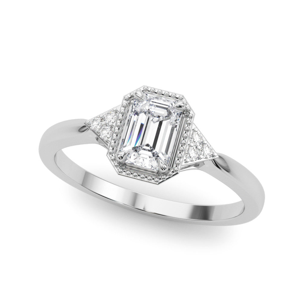 Platinum Milgrain Emerald Cut Diamond Ring with Tapered Pave Band and Four Prong Setting