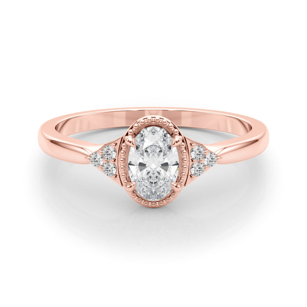 Rose gold Oval Halo Diamond Ring with Tapered Band and Four-Prong Setting