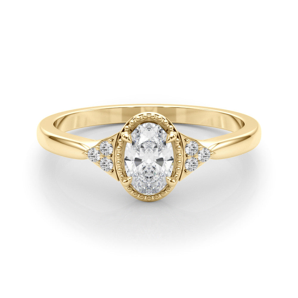 Yellow gold Oval Halo Diamond Ring with Tapered Band and Four-Prong Setting