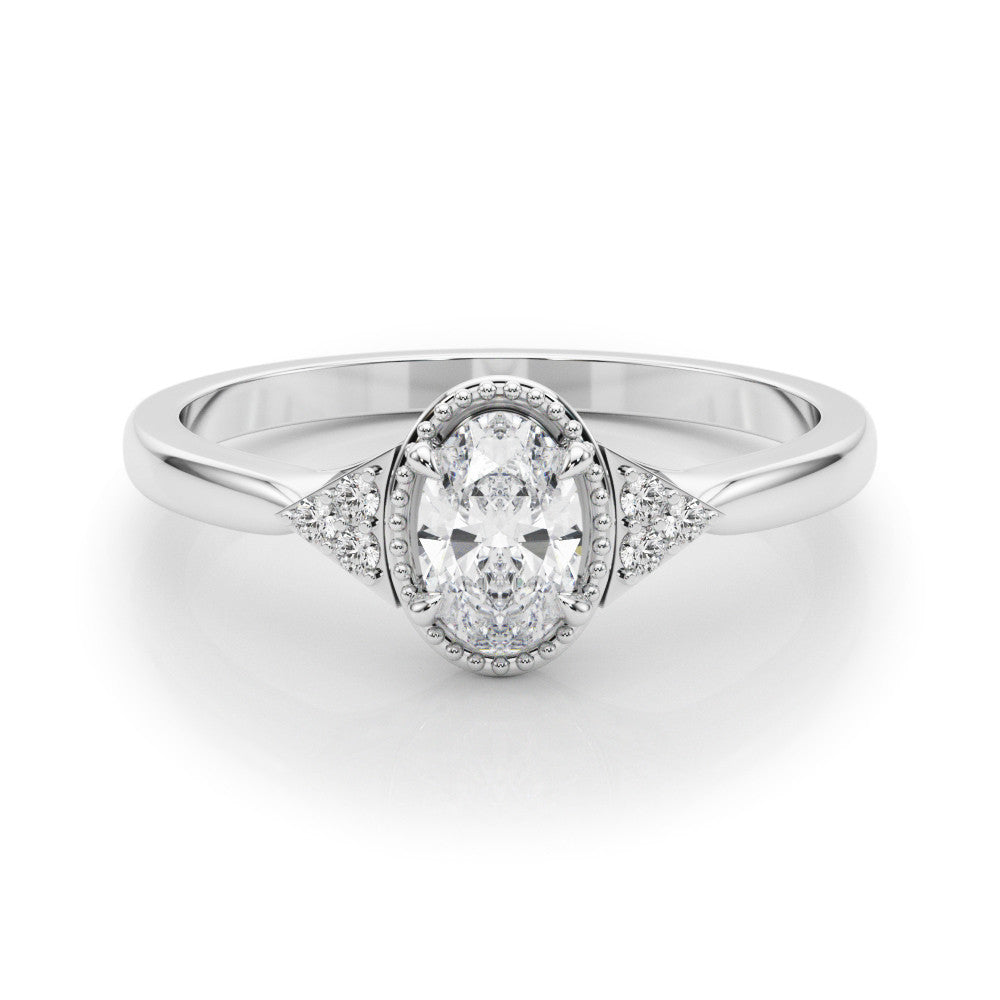 Silver Oval Halo Diamond Ring with Tapered Band and Four-Prong Setting